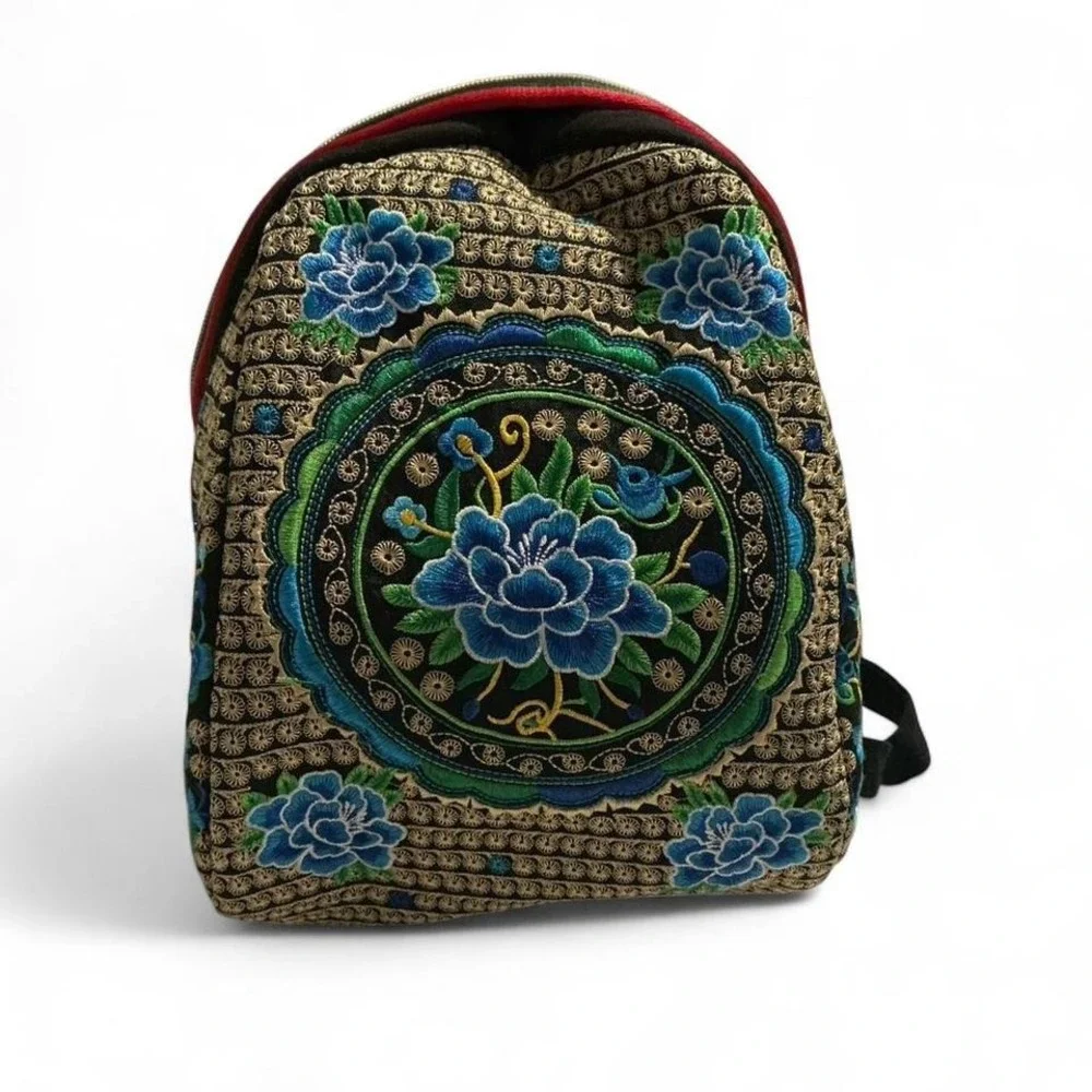 Unbranded Floral Embroidered Backpack Women Small Black Gold Blue Excellent Boho